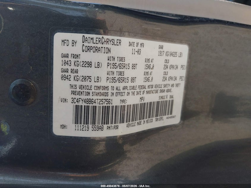 2004 Chrysler Pt Cruiser VIN: 3C4FY48B64T257561 Lot: 45043876