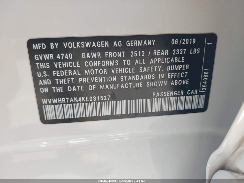 2019 Volkswagen Arteon 2.0T Sel R-Line VIN: WVWHR7AN4KE031527 Lot: 45043991