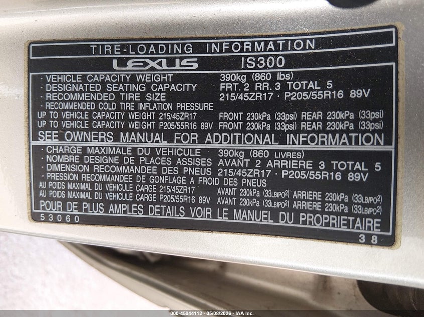 2002 Lexus Is 300 Base W/5-Speed Manual VIN: JTHBD192820038066 Lot: 45044112