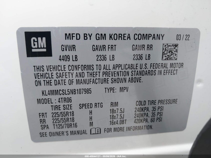 2022 Buick Encore Gx Awd Preferred VIN: KL4MMCSL5NB107985 Lot: 45044121