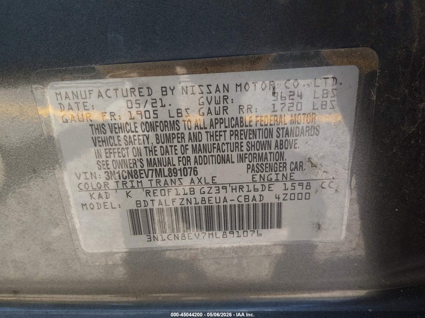 2021 NISSAN VERSA SEDAN 1.6L I-4 DOHC, VVT, 122HP