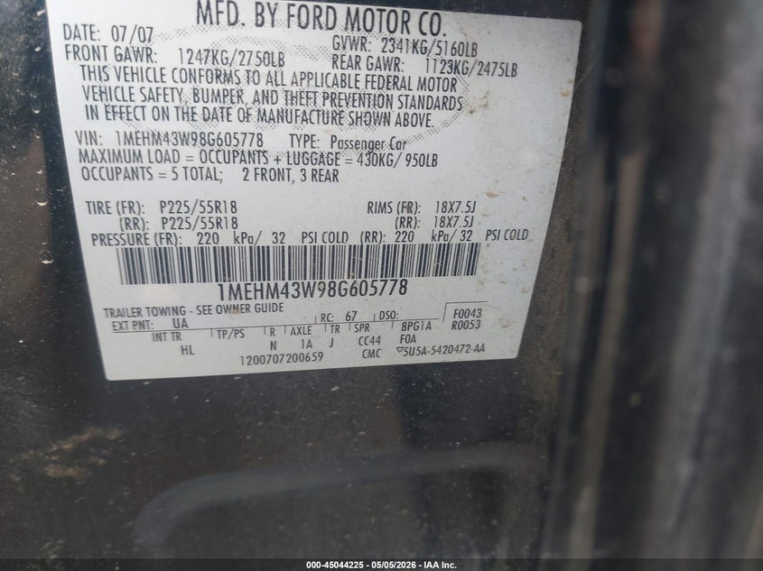 2008 Mercury Sable Premier VIN: 1MEHM43W98G605778 Lot: 45044225