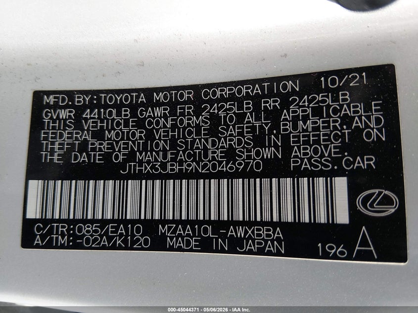 2022 Lexus Ux 200 VIN: JTHX3JBH9N2046970 Lot: 45044371