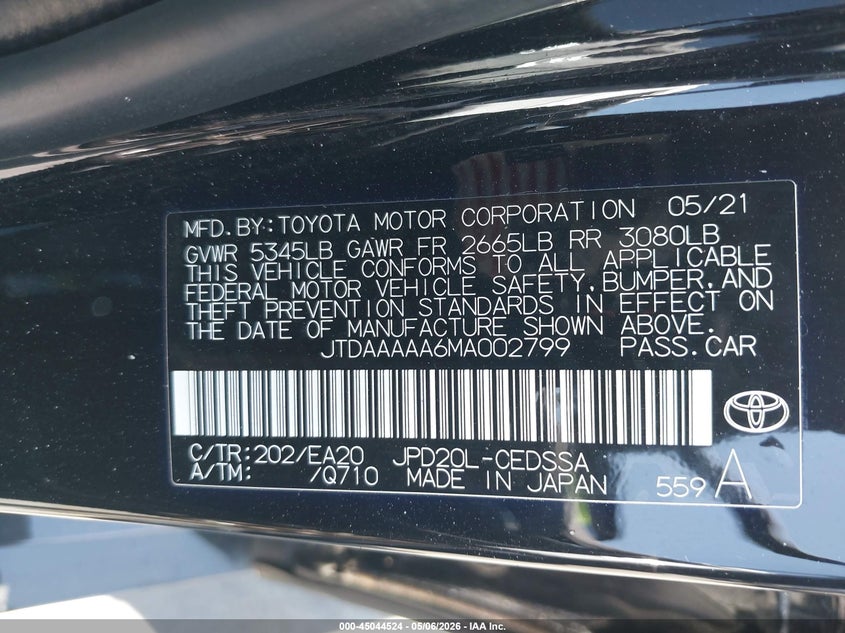 2021 Toyota Mirai Xle VIN: JTDAAAAA6MA002799 Lot: 45044524