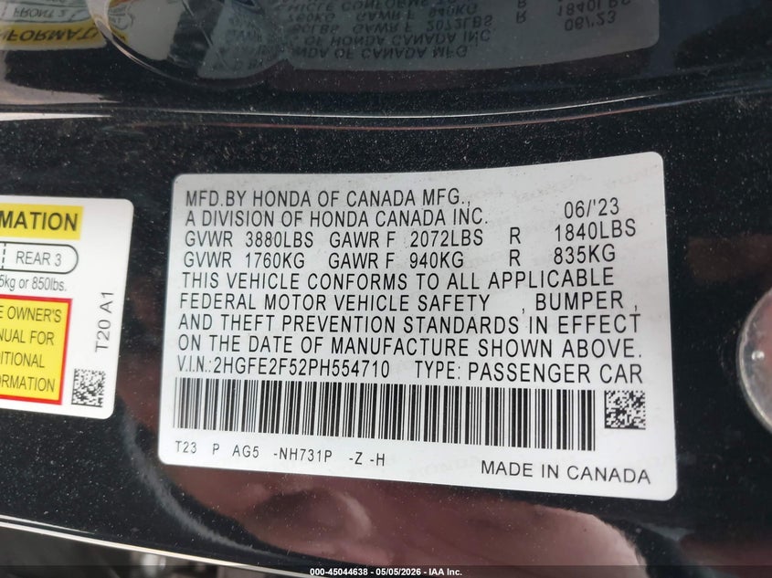 VIN 2HGFE2F52PH554710 2023 HONDA CIVIC SPORT