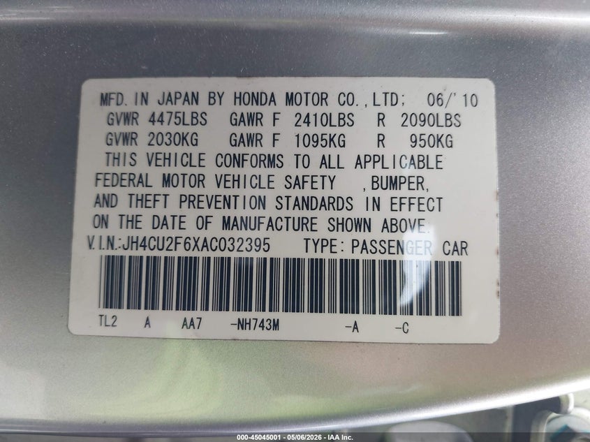 2010 Acura Tsx 2.4 VIN: JH4CU2F6XAC032395 Lot: 45045001