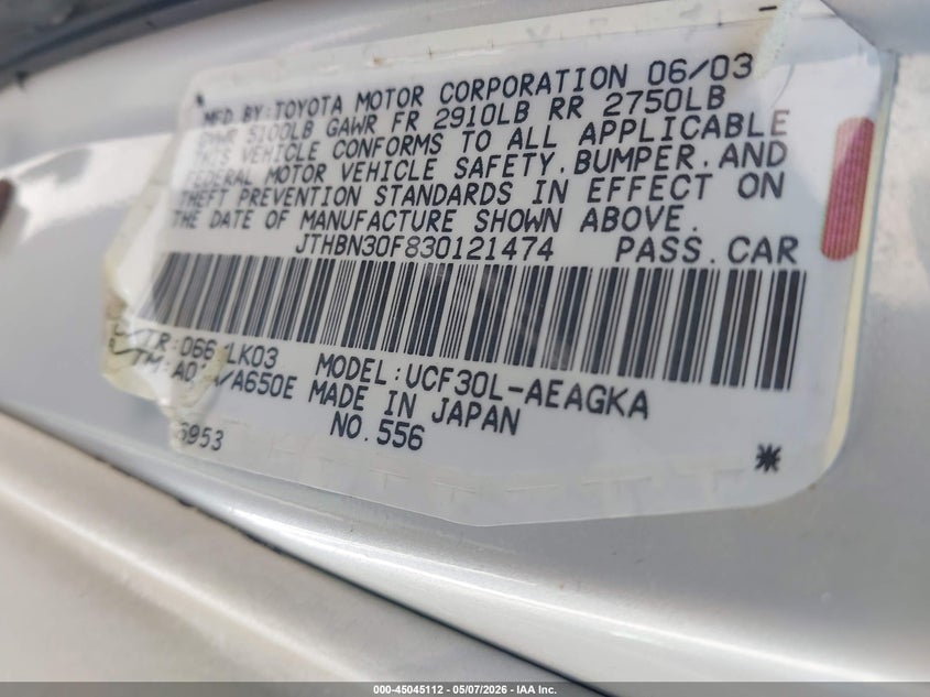 2003 Lexus Ls 430 VIN: JTHBN30F830121474 Lot: 45045112