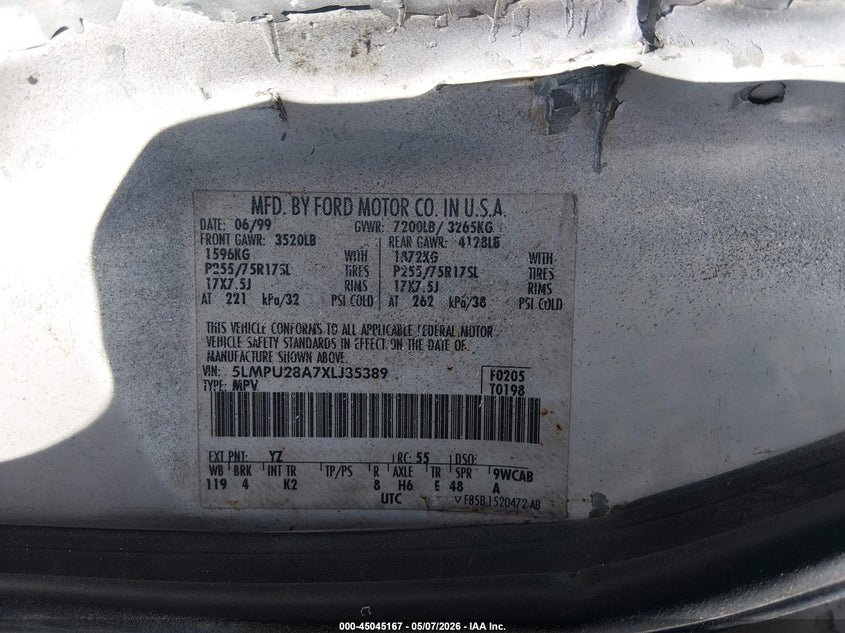 1999 Lincoln Navigator VIN: 5LMPU28A7XLJ35389 Lot: 45045167