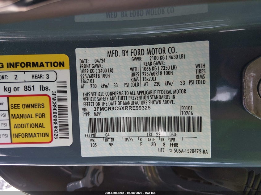 2024 Ford Bronco Sport Outer Banks VIN: 3FMCR9C6XRRE99325 Lot: 45045281