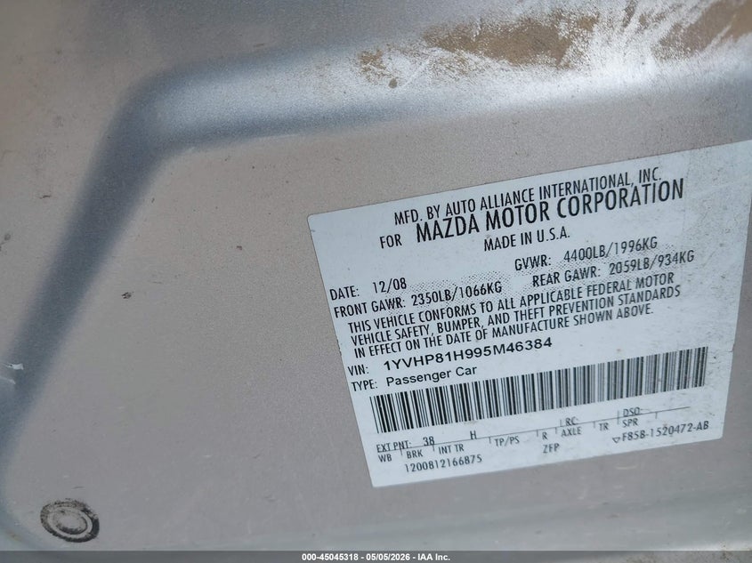 2009 MAZDA 6 SEDAN 2.5L I-4 DOHC, VVT, 168HP