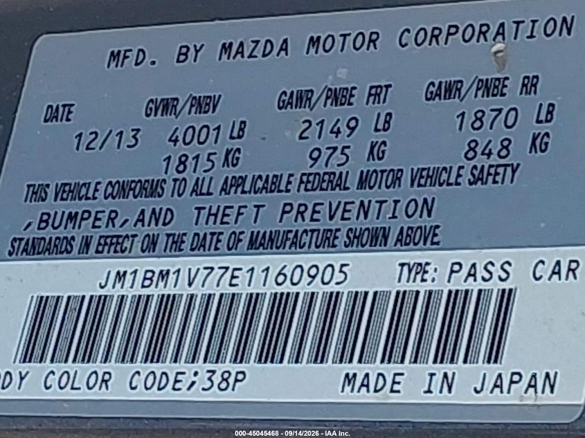 MAZDA MAZDA3 2014 VIN JM1BM1V77E1160905