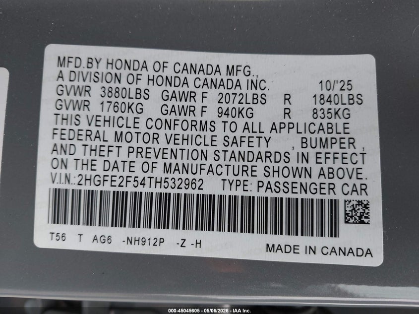 VIN 2HGFE2F54TH532962 2026 HONDA CIVIC SPORT