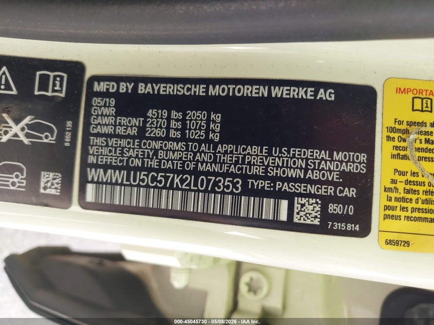 2019 Mini Clubman Cooper S VIN: WMWLU5C57K2L07353 Lot: 45045730