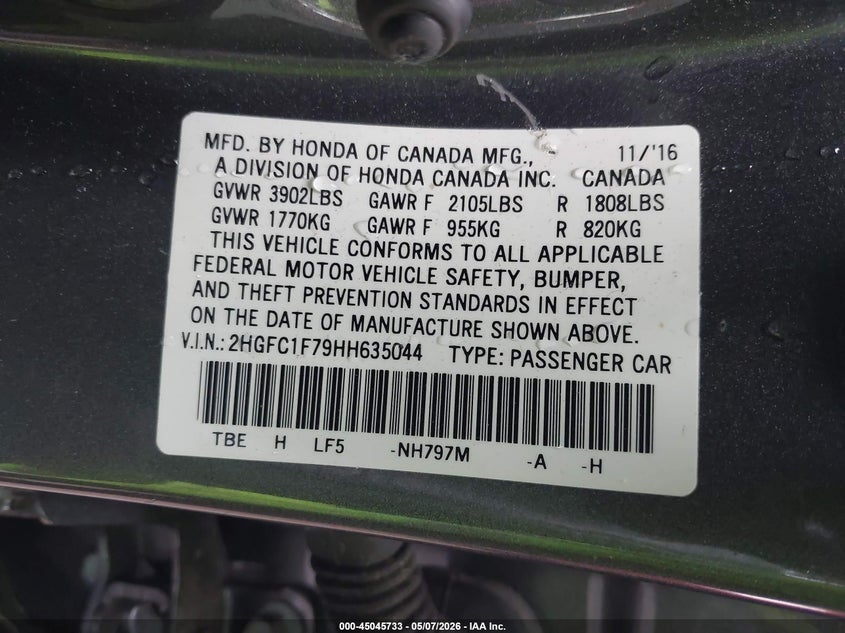 2017 HONDA CIVIC SEDAN 1.5L I-4 DI, DOHC, VVT, TURBO, 174HP