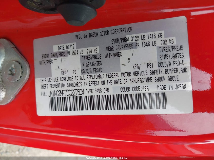2013 Mazda Mx-5 Miata Club VIN: JM1NC2MF7D0227604 Lot: 45045833