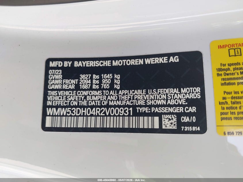 2024 Mini Hardtop Cooper S VIN: WMW53DH04R2V00931 Lot: 45045968