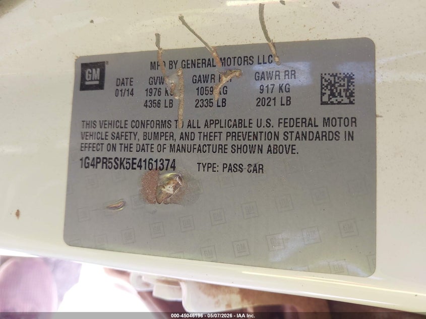2014 Buick Verano Convenience Group VIN: 1G4PR5SK5E4161374 Lot: 45046196