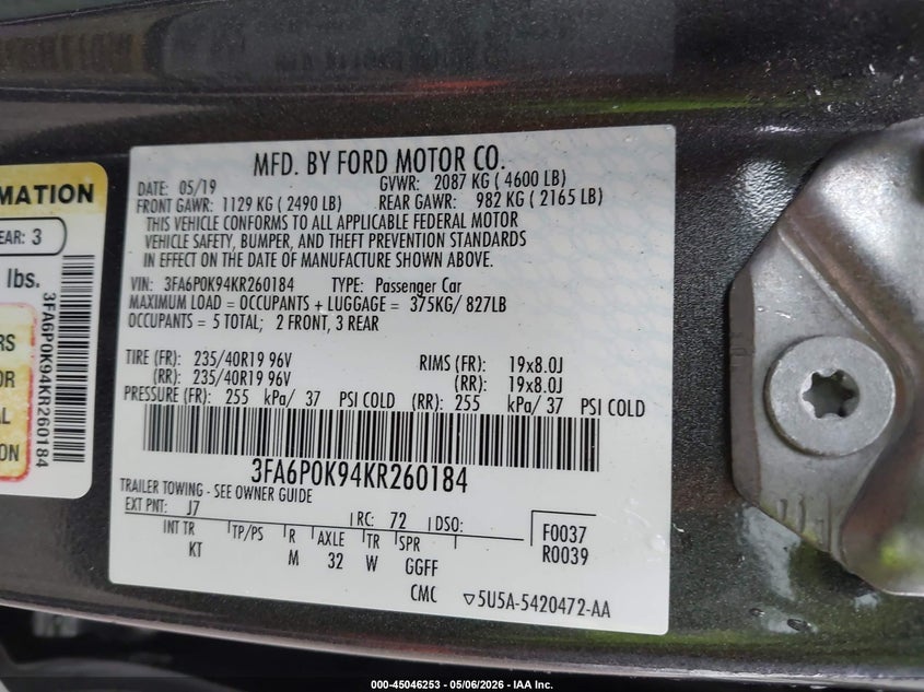 2019 FORD FUSION SEDAN 2.0L I-4 DI, DOHC, VVT, TURBO, 245HP