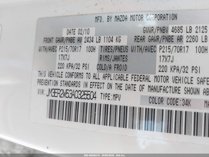 2010 Mazda Cx-7 I Sv VIN: JM3ER2W53A0325504 Lot: 45046319