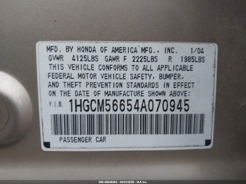 2004 Honda Accord 2.4 Ex VIN: 1HGCM56654A070945 Lot: 45046362