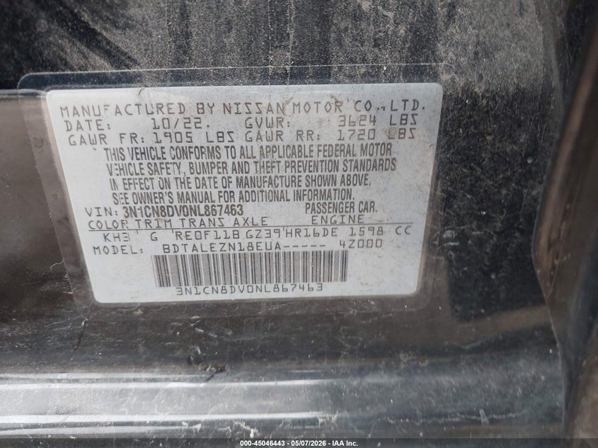 2022 Nissan Versa 1.6 S Xtronic Cvt VIN: 3N1CN8DV0NL867463 Lot: 45046443