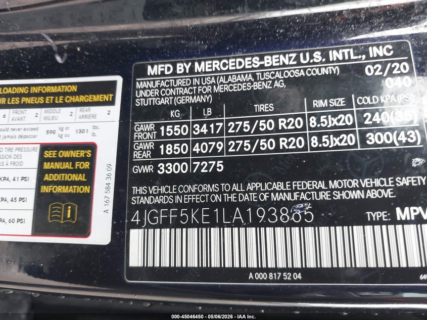 2020 Mercedes-Benz Gls 450 4Matic VIN: 4JGFF5KE1LA193865 Lot: 45046450
