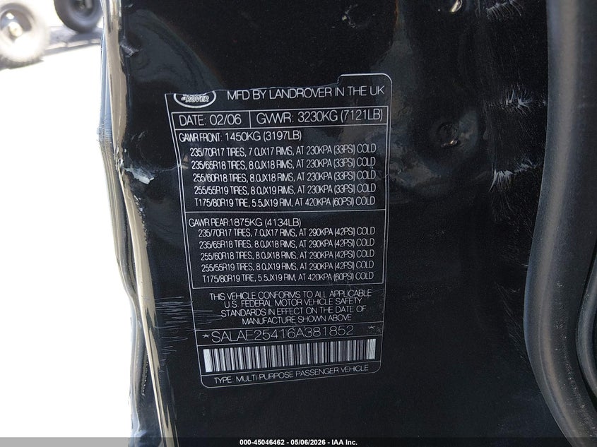 2006 Land Rover Lr3 V8 Se VIN: SALAE25416A381852 Lot: 45046462