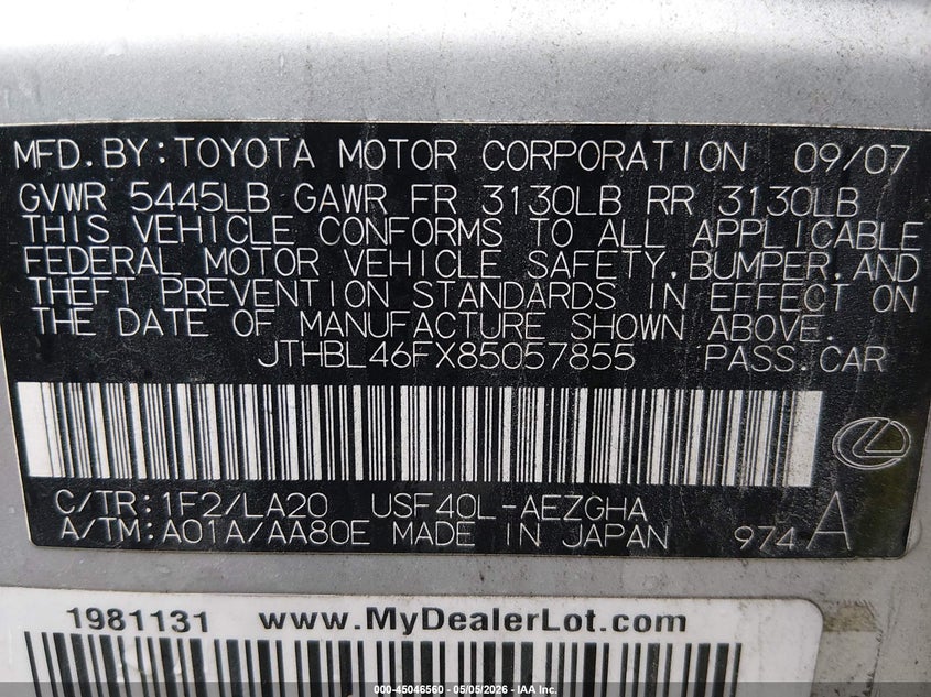 2008 Lexus Ls 460 VIN: JTHBL46FX85057855 Lot: 45046560