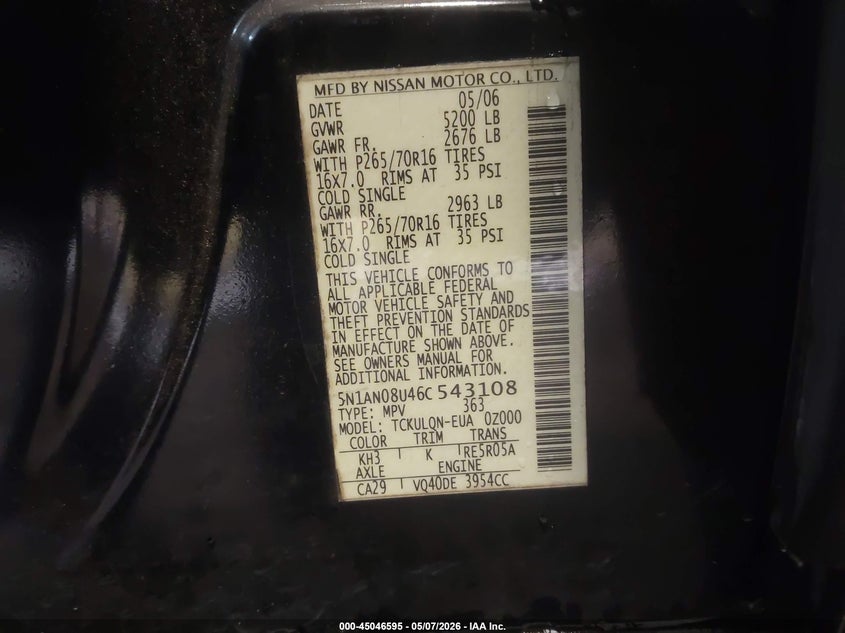 2006 Nissan Xterra X VIN: 5N1AN08U46C543108 Lot: 45046595