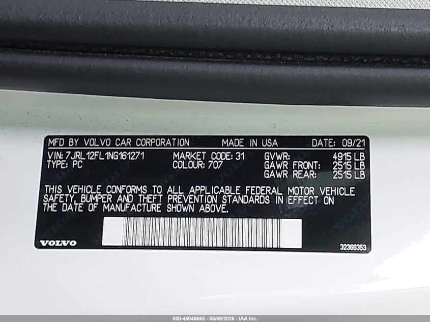 2022 Volvo S60 B5 Inscription VIN: 7JRL12FL1NG161271 Lot: 45046665