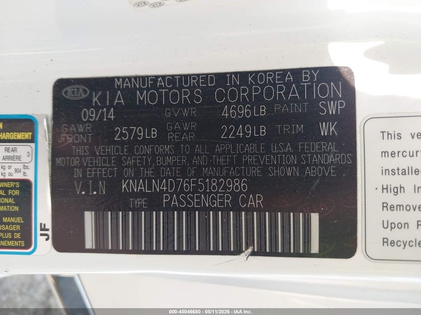 2015 Kia Cadenza Limited VIN: KNALN4D76F5182986 Lot: 45046680