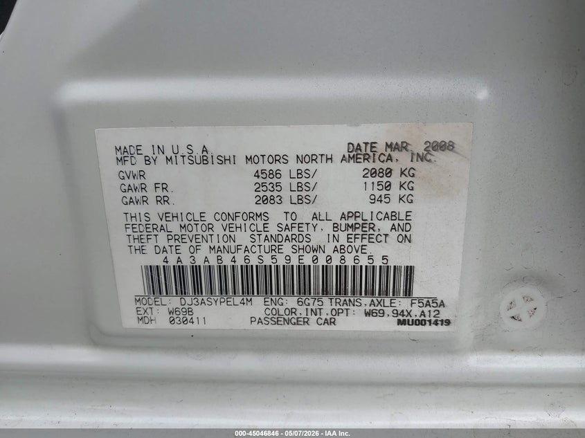 2009 Mitsubishi Galant Sport V6 VIN: 4A3AB46S59E008655 Lot: 45046846