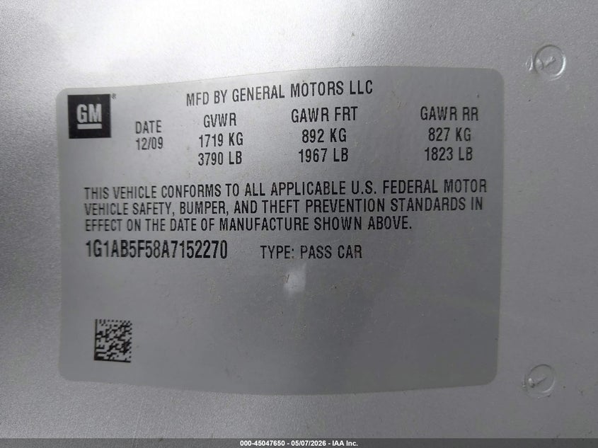 2010 Chevrolet Cobalt Ls VIN: 1G1AB5F58A7152270 Lot: 45047650