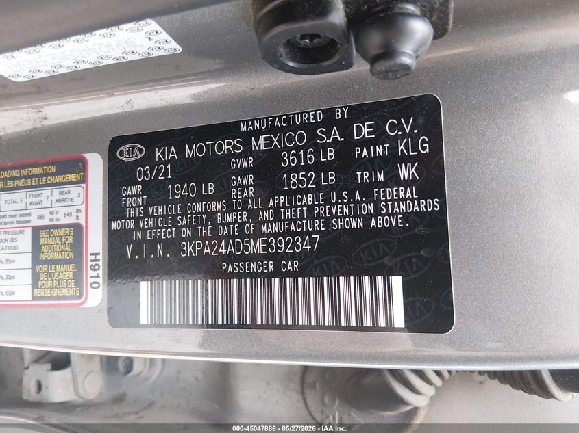 2021 Kia Rio S VIN: 3KPA24AD5ME392347 Lot: 45047886