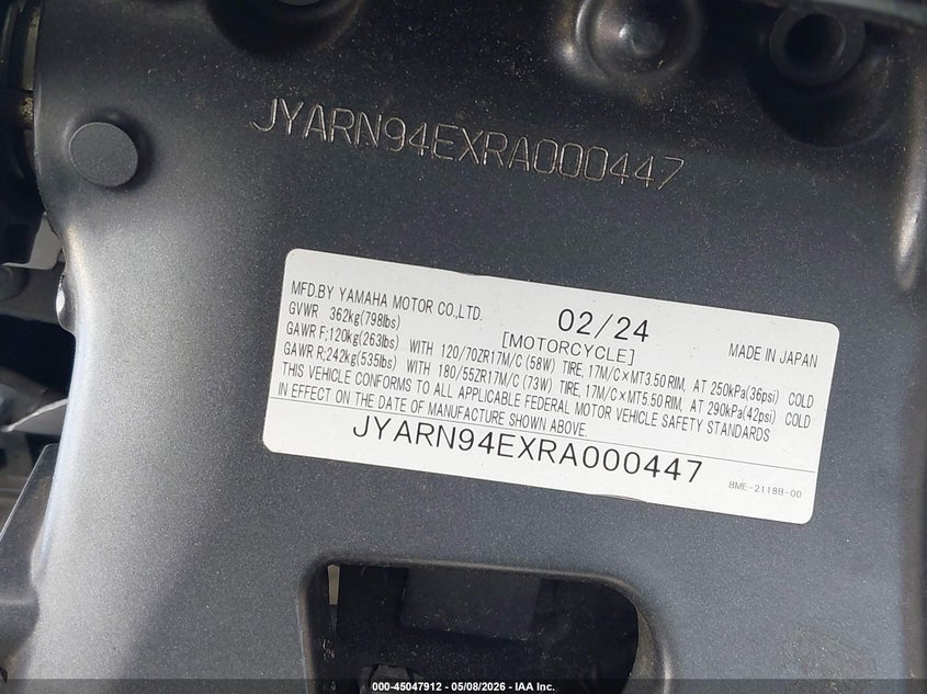 2024 Yamaha Mt09 VIN: JYARN94EXRA000447 Lot: 45047912