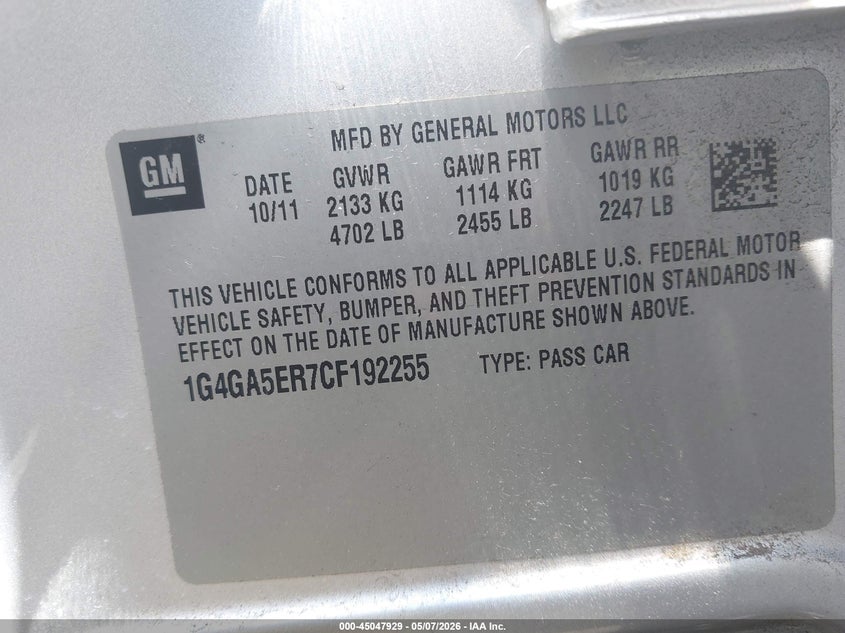 2012 BUICK LACROSSE SEDAN 2.4L I-4 DI, DOHC, VVT, 182HP