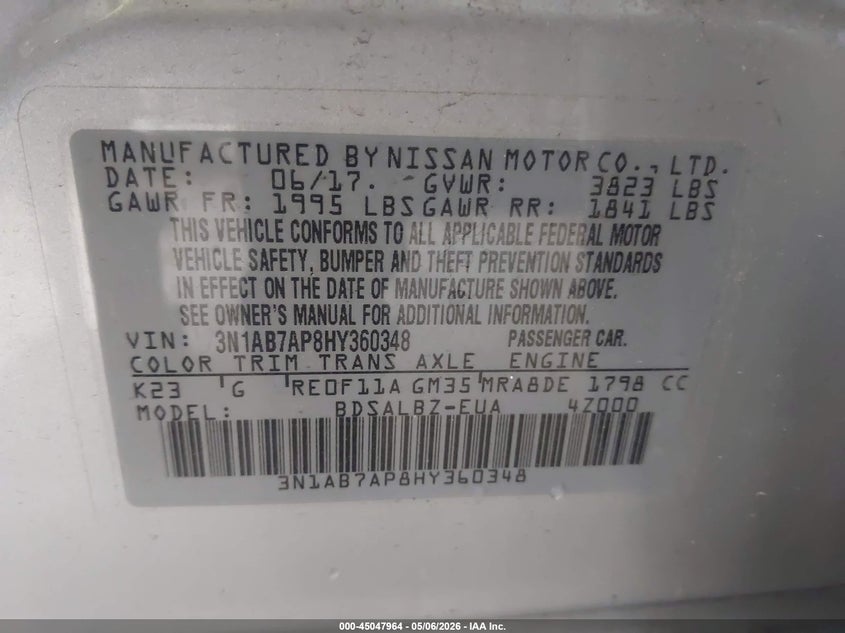 VIN 3N1AB7AP8HY360348 2017 NISSAN SENTRA S