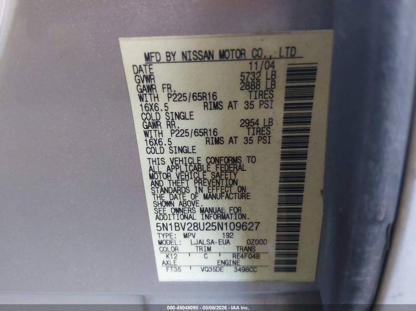 2005 Nissan Quest 3.5 S VIN: 5N1BV28U25N109627 Lot: 45048090