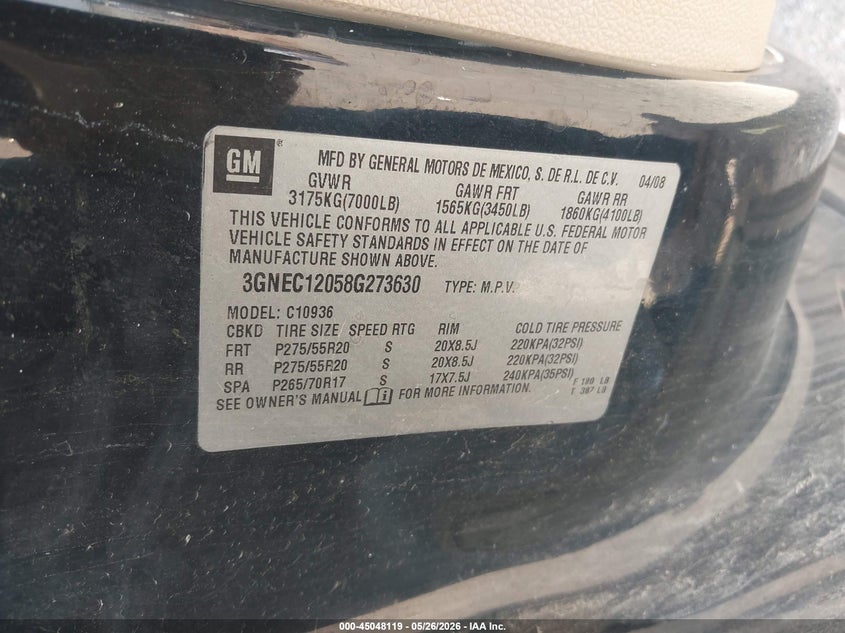2008 Chevrolet Avalanche 1500 Ltz VIN: 3GNEC12058G273630 Lot: 45048119
