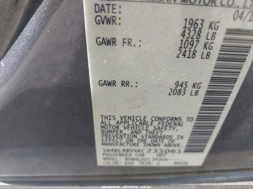 VIN 1N4BL4BVXKC235061 2019 NISSAN ALTIMA 2.5 S