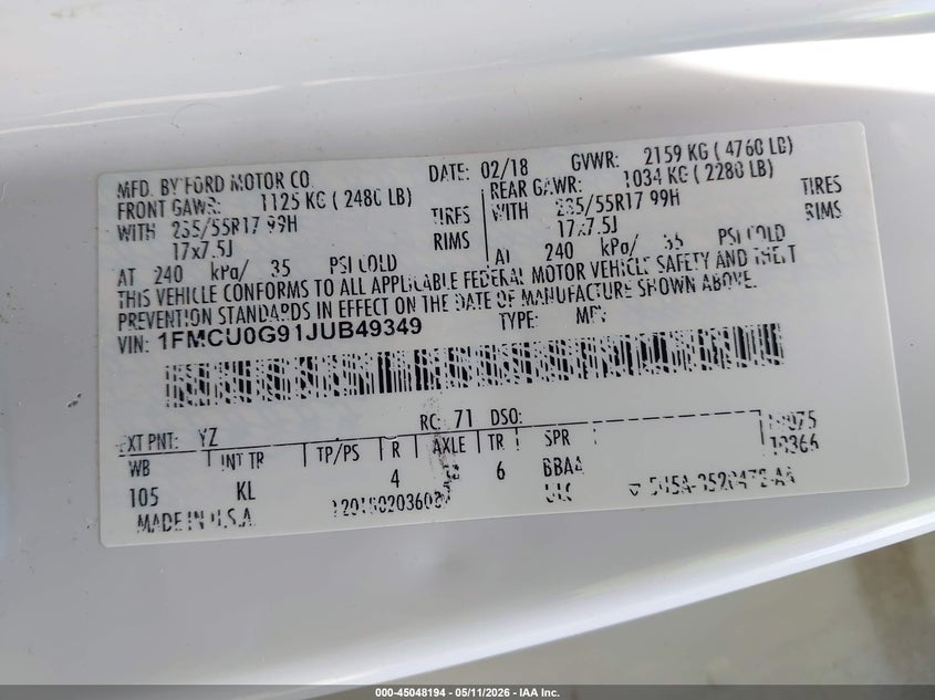 VIN 1FMCU0G91JUB49349 2018 FORD ESCAPE SE