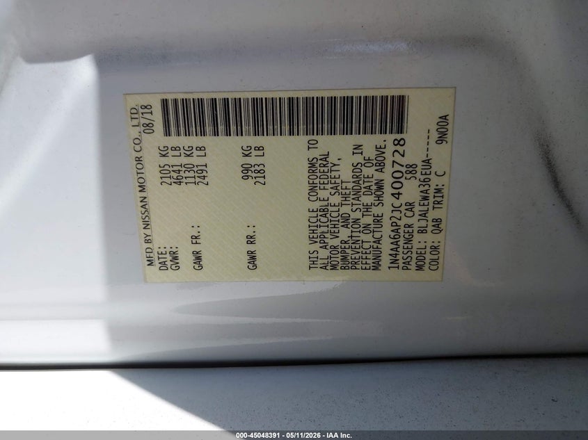 VIN 1N4AA6AP2JC400728 2018 NISSAN MAXIMA 3.5 SL
