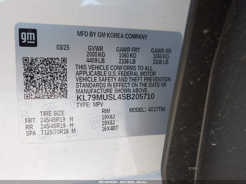 2025 CHEVROLET TRAILBLAZER 1.3L I-3 DI, DOHC, V(VIN: KL79MUSL4SB205710