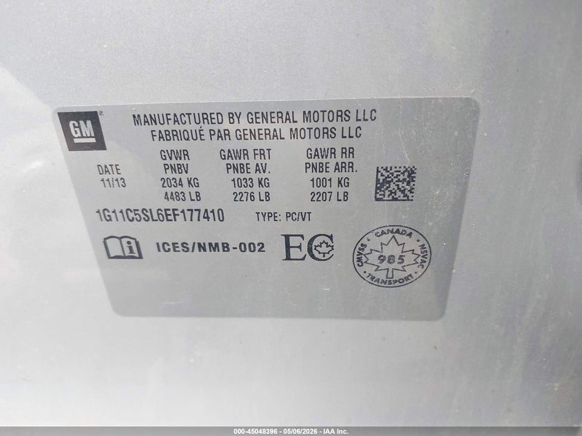 CHEVROLET MALIBU 2014 VIN 1G11C5SL6EF177410
