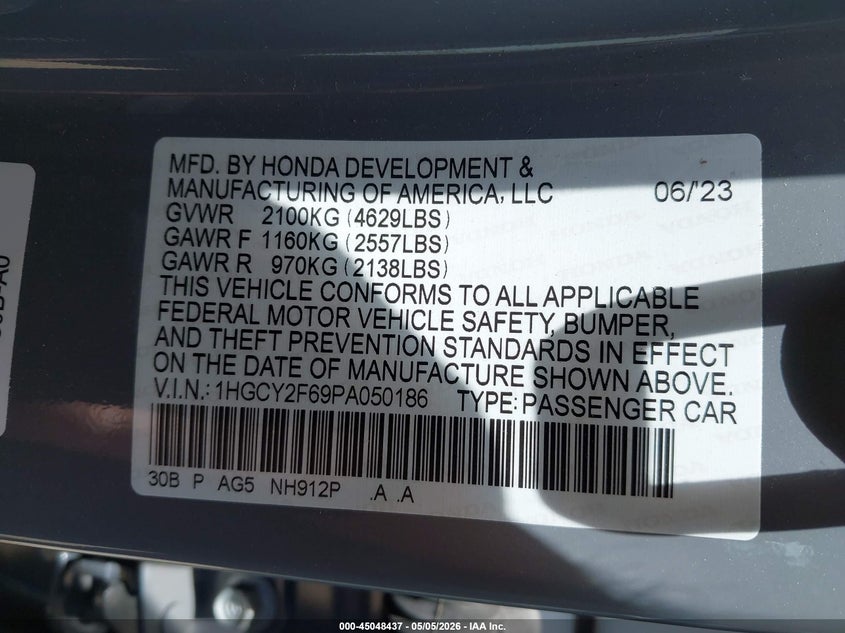 VIN 1HGCY2F69PA050186 2023 HONDA ACCORD HYBRID EX-L