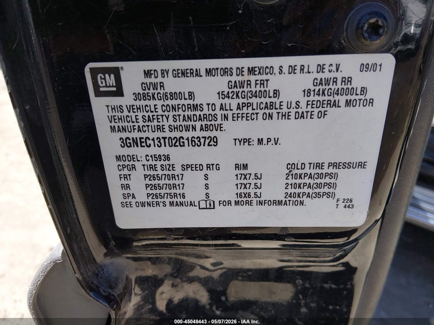 2002 Chevrolet Avalanche 1500 VIN: 3GNEC13T02G163729 Lot: 45048443