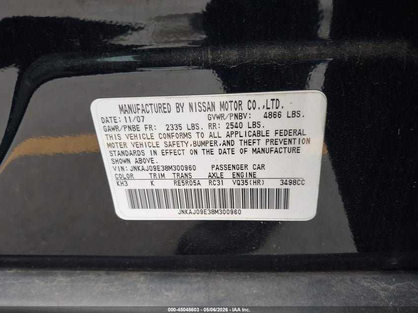 2008 Infiniti Ex35 Journey VIN: JNKAJ09E38M300960 Lot: 45048603
