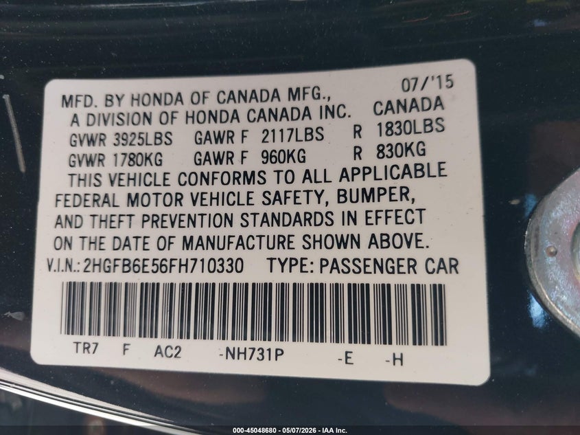 2015 HONDA CIVIC SEDAN 2.4L I-4 DOHC, VVT, 205HP