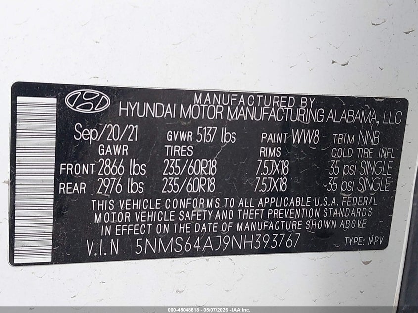 2022 HYUNDAI SANTA FE 2.5L I-4 DI, DOHC, V(VIN: 5NMS64AJ9NH393767