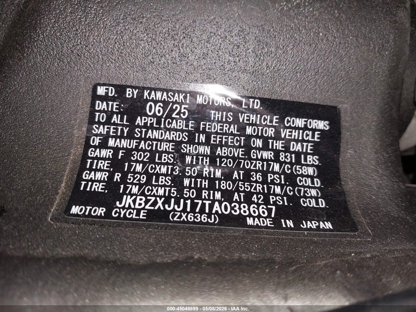 2026 Kawasaki Zx636 K VIN: JKBZXJJ17TA038667 Lot: 45048899
